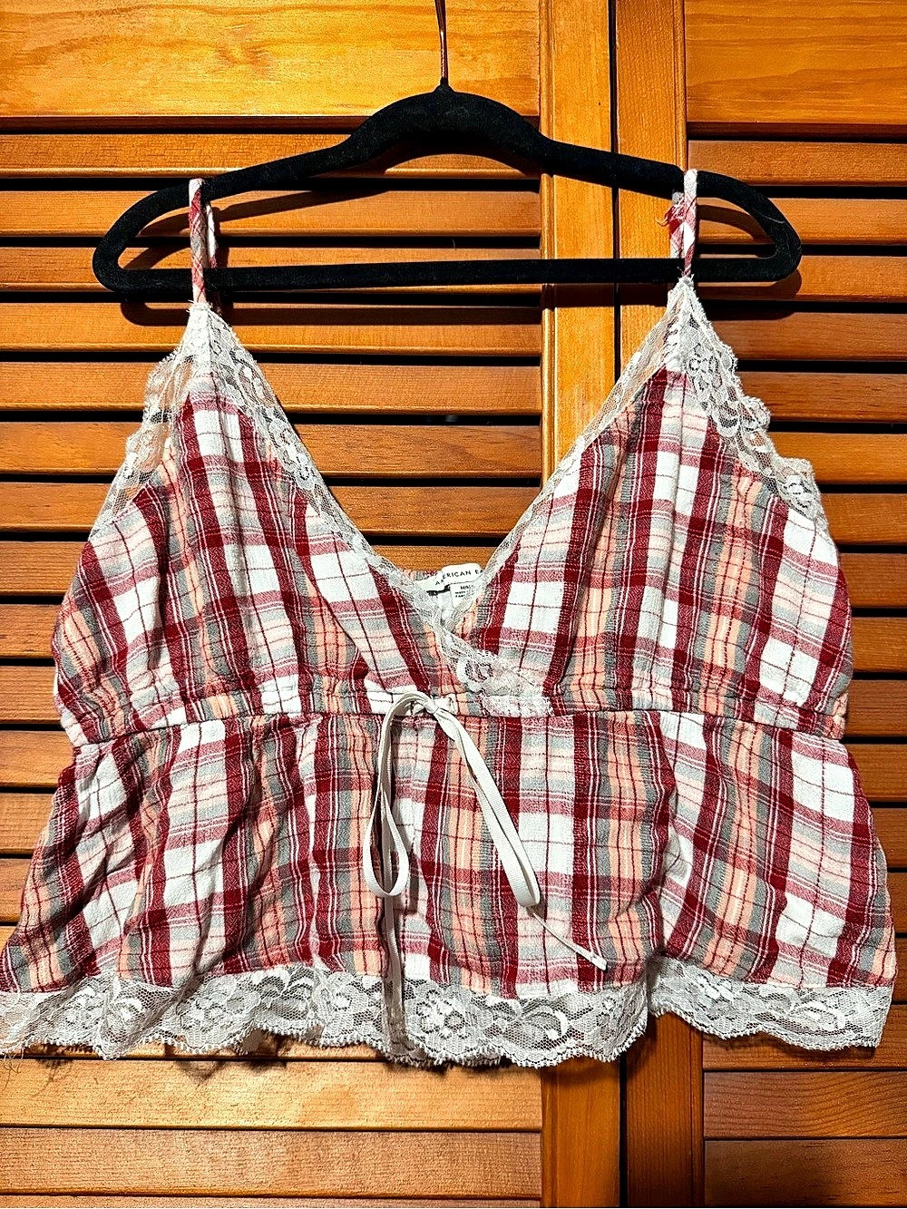 American Eagle Y2K Plaid Lace Trim Cami Tank Top Women’s M Red Cream